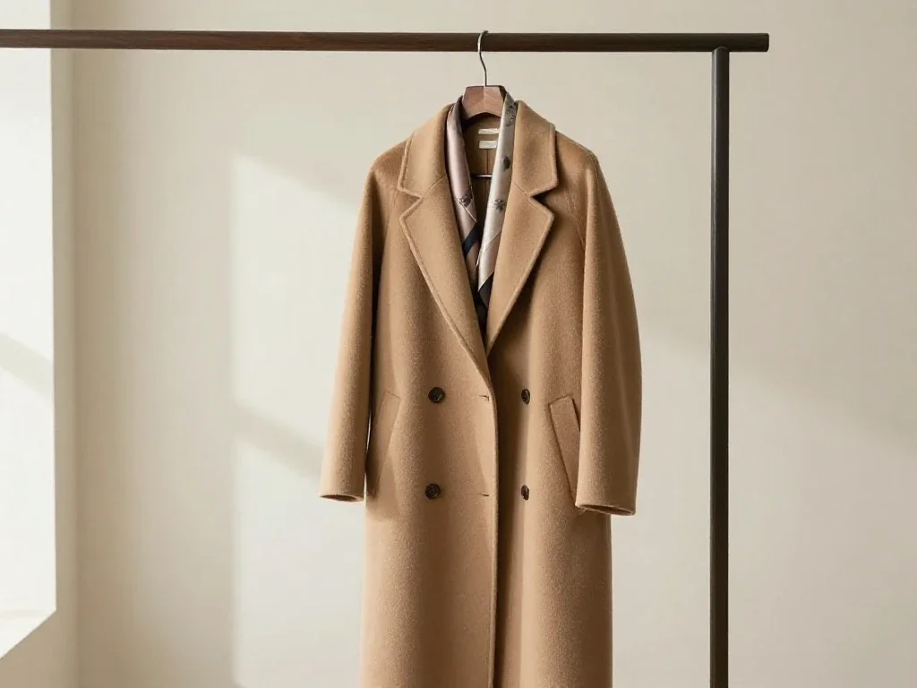 Abrigo de lana camel sobre percha oscura que evoca la elegancia y calma femenina contemporánea.