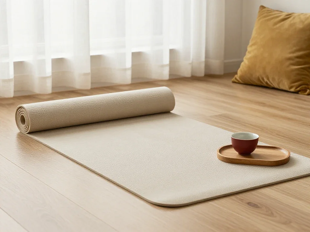 Esterilla de yoga y taza de té en un salón luminoso que transmite bienestar contemporáneo.