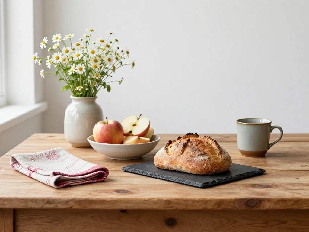 Mesa de desayuno con pan artesanal y flores que transmite calma y cotidianidad femenina.