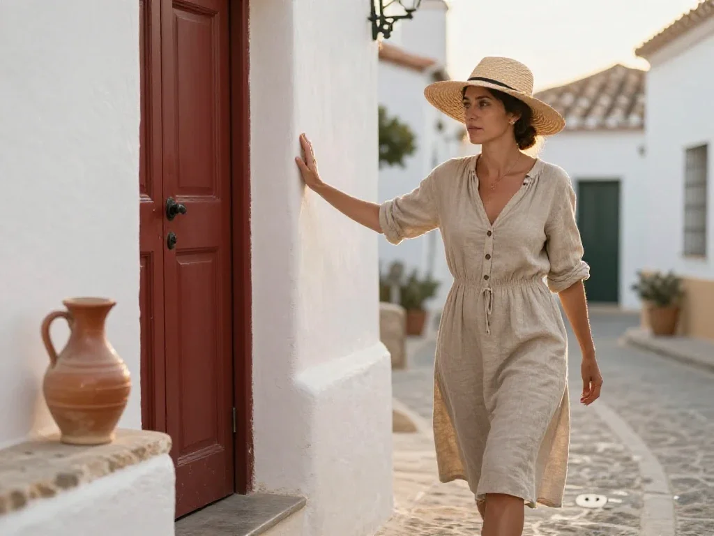 Mujer de rasgos europeos paseando por un pueblo mediterráneo, representando una feminidad contemporánea y pausada.