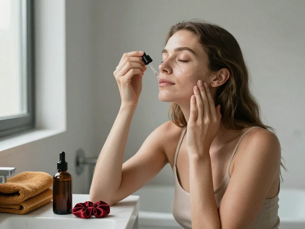 Mujer española aplicando sérum facial con calma, representando el autocuidado femenino contemporáneo y relajado.